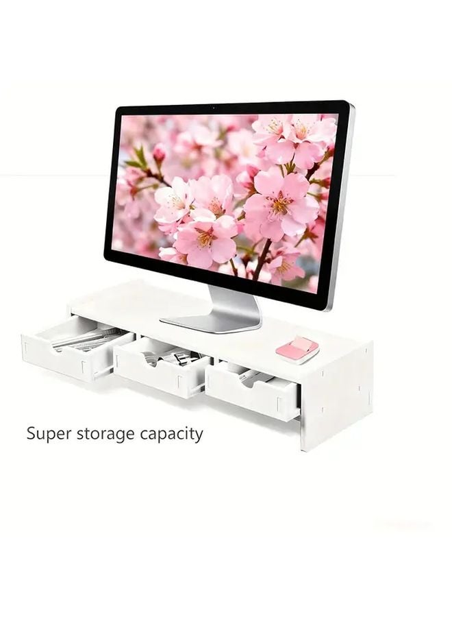 White Adjustable Height Monitor Stand With Storage Drawers Shelves Desk Organizer - Image 3